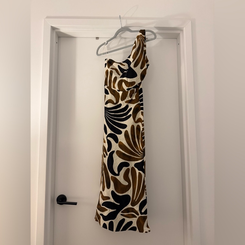 Mango One-Shoulder Dress in Black and Brown